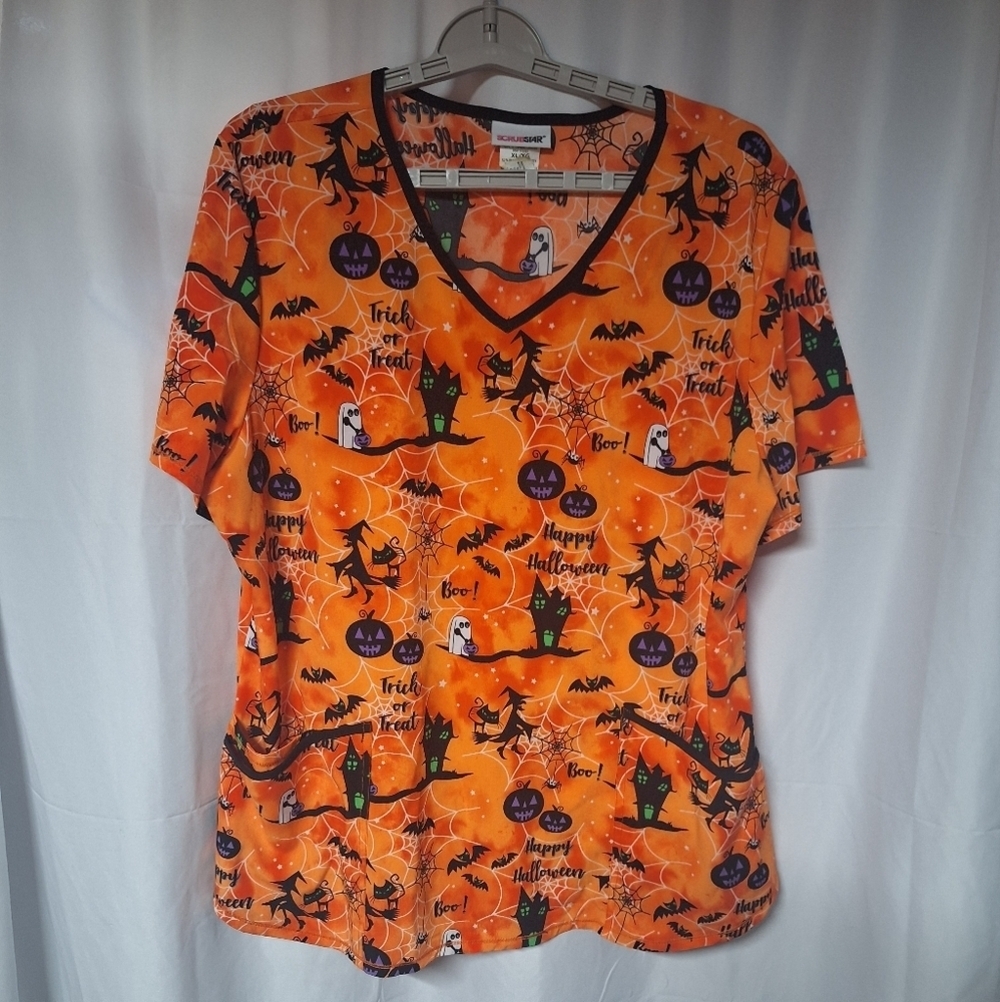 Scrubstar Halloween Print Orange Scrub Top
